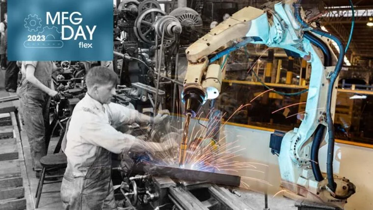 Imagen del día de fabricación 2023 de una persona soldando en un almacén.