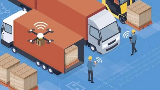 Ilustración de una persona interactuando con drones y camiones de reparto de la cadena de suministro.